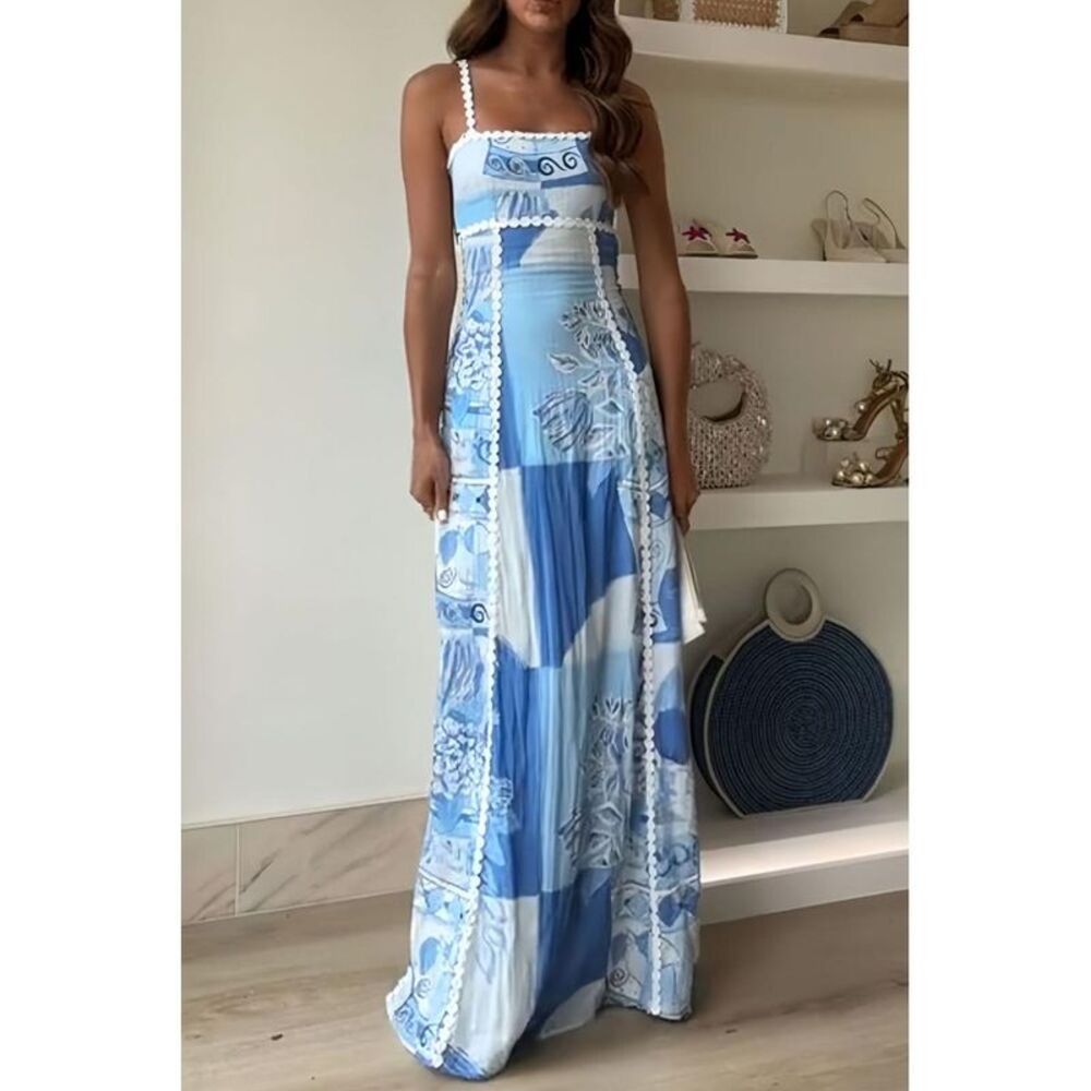 Everyday the Label Patchwork Floral Maxi Dress Lace Trim Women Light Blue